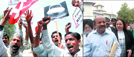 CPM activists protest against the attack on their office on Sunday, at Jantar Mantar while (right) Delhi Pradesh BJP president Harsh Vardhan, an accused in the case, comes out from Patiala House court in the Capital on Monday.
