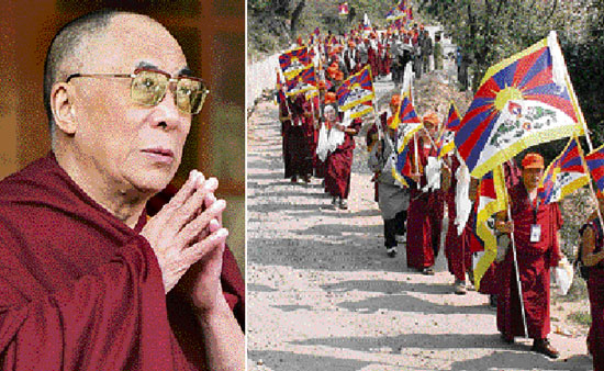 The Dalai Lama offers prayers along with Tibetan supporters and Buddhist monks in-exile at his palace temple in Dharamsala to commemorate the 49th anniversary of the Tibetan Uprising Day on Monday. He attacked Chinas human rights record accusing it of unimaginable and gross violations in his Himalayan homeland; and (right) Tibetan exiles in India take out a symbolic march to home at Dharamsala on Monday as part of pro-independence protests.