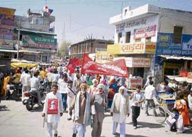 CPM workers organise a demonstration at Fatehabad on Monday against the attack on the party's office in Delhi