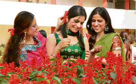 These damsels get ready to attend a farewell party at a college in Ludhiana on Monday.