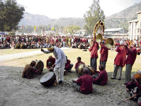 Bajantris perform during the Shivratri fair at Mandi on Tuesday.