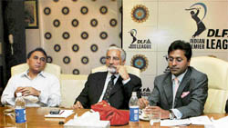 (L to R) Sunil Gavaskar, I.S. Bindra and Lalit Modi at the second round of IPL biddings at BCCI headquarters in Mumbai