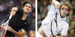 Federer (L) and Sampras in action during their exhibition match in New York
