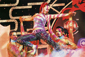 Kim Sharma performs during the Twenty20 ICL cricket match at Tau Devi Lal Stadium in Panchkula on Wednesday.