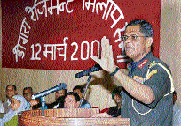 The Artrac chief, Lt-Gen J.K. Mohanty, addresses an ex-servicemen conference of the Dogra Regiment at Hamirpur on Wednesday.