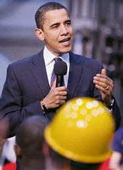 Barack Obama talks to workers during a town hall meeting at Gamesa Wind Corporation, a wind turbine producer, in Faireless Hills, Pennsylvania, on Wednesday.