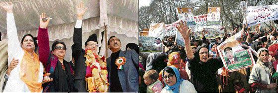 Jammu and Kashmir Pradesh Congress Committee chief Saif-ud-Din Soz waves during a rally held at a public park in Srinagar on Wednesday. (Right) Congress supporters during the rally.