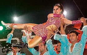 Sanober Kabir performs during the Twenty20 ICL cricket match at Tau Devi Lal Stadium in Panchkula