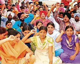 Students protest against move to privatise ITIs in front of the SDMs office in Rajpura