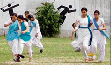 Students take part in 200m race during the annual sports meet of the GMT College of Education in Ludhiana on Thursday.
