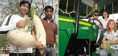 The huge turnip and radish at the kisan mela on the Punjab Agricultural University campus in Ludhiana on Thursday; and (right) students from Moscow enjoy themselves at the mela.