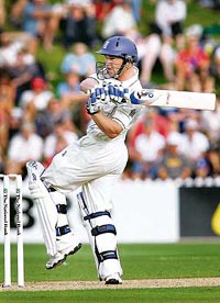 Tim Ambrose of England hits a four during the first day of the second Test between New Zealand and England in Wellington on Thursday.
