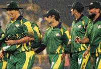 Player of the match Azhar Mahmood (L) celebrates the fall of a Hyderabad Heroes wicket with team-mates at the Tau Devi Lal Stadium in Panchkula on Thursday.