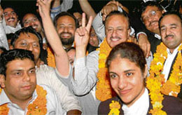 The newly elected treasurer of the District Bar Association (DBA)-Paramjit Singh Rana; vice-president- Arvind Sandhu; president -N.K. Nanda; secretary-Harish Bansal; and joint secretary -Namita Kandhari with their supporters in a jubilant mood after the results were declared at the District Courts, Sector 17, Chandigarh, late in the evening on Friday.