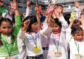 Children celebrate Holi at Shivalik Public School, Phase-6, Mohali, on Friday. 