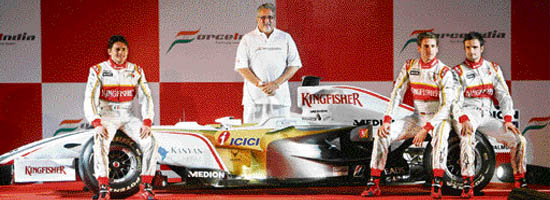 Vijay Mallya (C) with Giancarlo Fisichella (L), Adrian Sutil (2nd from R) and Vitantonio Liuzzi at the launch of Force Indias VJM 01 car in Mumbai in February.