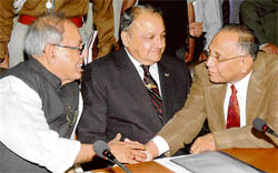 Minister for external affairs Pranab Mukherjee (left) with Punjab Governor General S.F. Rodrigues (retd) and Himachal Pradesh Governor V.S. Kokje (right) at a conference in Chandigarh