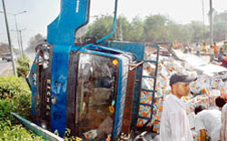 The mini truck that overturned on Zirakpur-Chandigarh highway