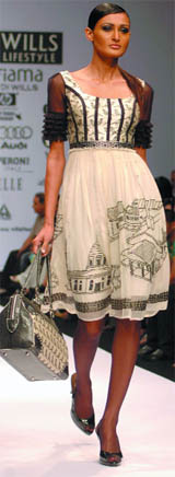 A model displays a creation '' AZARA'' by designers Alpana and Neeraj during the Wills Lifestyle India Fashion Week in the Capital on Saturday.