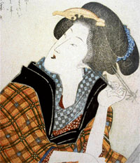 A lady listening. Japan; 19th century colour woodblock print by Harukawa. Museum for Gestaltung, Zurich