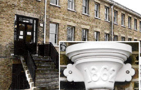 Addiscombe Block is used by Gentlemen Cadets of Sandhurst. (Inset right) All rainwater drainpipes bear the date of construction of the block.