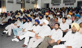 Employees from various departments, who form the Mulazam Front, Punjab, attend a meeting with adviser to the CM at PAU, Ludhiana, on Sunday.