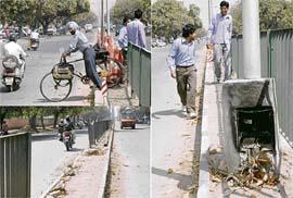 WHO CARES? These pictures taken by Tribune lensman Manoj Mahajan speak for themselves. A cyclist crosses a divider; an uprooted grill; and an open junction box along the road dividing Sectors 34 and 35 in Chandigarh
