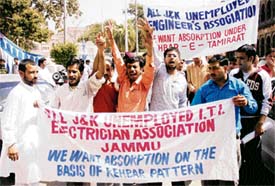 Members of the All-Jammu and Kashmir ITI Electrician Association protest in support of their demands in Jammu on Monday.