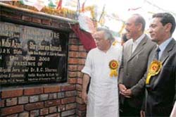 Union minister of state for commerce Jairam Ramesh, Chief Minister Ghulam Nabi Azad and minister for industries and commerce Nawang Rigzin Jora during the foundation stone laying ceremony of the International Trade Centre at Pampore in Srinagar on Monday.