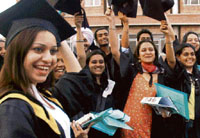 Students of GGDSD College after they receive their degree at their annual convocation on the college campus in Sector 32, Chandigarh, on Tuesday.
