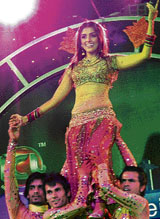 Actor Aarti Chhabria performs during the ICL tournament in Panchkula on Tuesday.