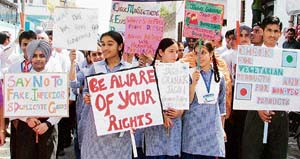 Students take part in the consumer awareness rally in Ludhiana on Tuesday. 