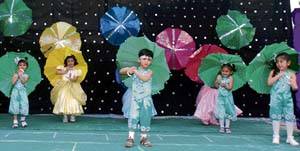 Students perform during the 3rd annual day celebrations of Little Kingdom Nursery School in Ludhiana on Wednesday.