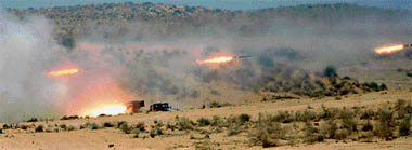 GRAD multi-barrel rocket launchers unleash their awesome firepower during Brazen Chariots, a joint Army-Air Force exercise held at Pokhran in Rajasthan on Wednesday.