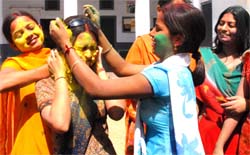 HOLI HAI: Students of Swami Vivekananda Girls College celebrating Holi in Bathinda.