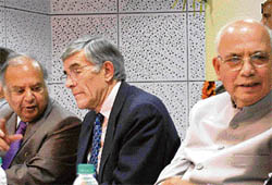 High Court Chief Justice Vijender Jain, Lord Nicholas Addison Phillips and union law minister H.R. Bharadwaj at a seminar in Chandigargh on Friday.