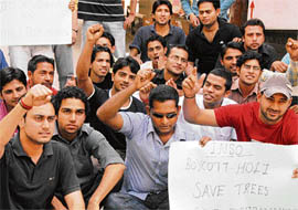 Students of Panjab University protest outside the Students Centre in PU on Friday.