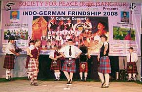 Members of the Happy German Bagpipers troupe present a programme at Sangrur on Saturday.