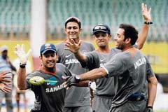 Mahendra Singh Dhoni, Anil Kumble, Rahul Dravid and V. V. S. Laxman during a training session in Chennai on Saturday. The first Test against South Africa starts on Wednesday. 