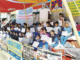 Tibetans on a relay fast at Manali on Monday against the Chinese action in Tibet.