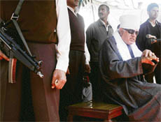 Former Jammu and Kashmir chief minister and National Conference patron Dr Farooq Abdullah addressing a poll rally at Nawa Kadal in Srinagar on Monday.