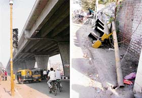 Traffic lights remain out of order along the elevated road; and (right) a pole has fallen after neglect at Atam Nagar chowki in Ludhiana