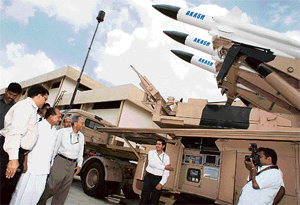 Defence minister A.K. Antony (3rd from left) inspects a display of weaponry during a visit to a missile complex at Research Centre Imarat, a laboratory of the Defence Research Development Organisation, in Hyderabad on Tuesday.