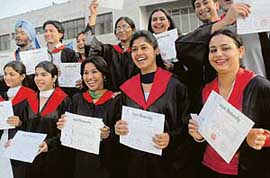 Studens of Government College, Sector 46, in a jubilant mood after receiving their degrees on the college campus in Chandigarh on Wednesday. 