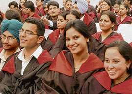 Students of Guru Gobind Singh Khalsa College, Sector 26, in a joyous mood after they receive their degrees in Chandigarh on Wednesday. 