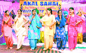 Students of Akal Sahai Convent Senior Secondary School present gidha at annual prize distribution function in Ludhiana on Thursday.