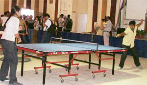 A table tennis match in progress during the North Zone Inter-Medical Colleges Sports Meet organised at the Dayanand Medical College and Hospital in Ludhiana on Thursday.