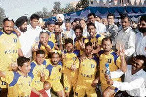 PSEB team after winning the 34th edition of the All India Inter-Board Electricity Board Football Tournament in Patiala on Friday.
