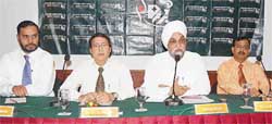SPS Apollo Hospital director Jugdiep Singh (third from left) addresses a press conference in Ludhiana 