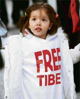 A girl wears a shirt reading Free Tibet in a protest against the arrival of the Olympic Flame of the Beijing 2008 Games to the northern Greek town of Thessaloniki
